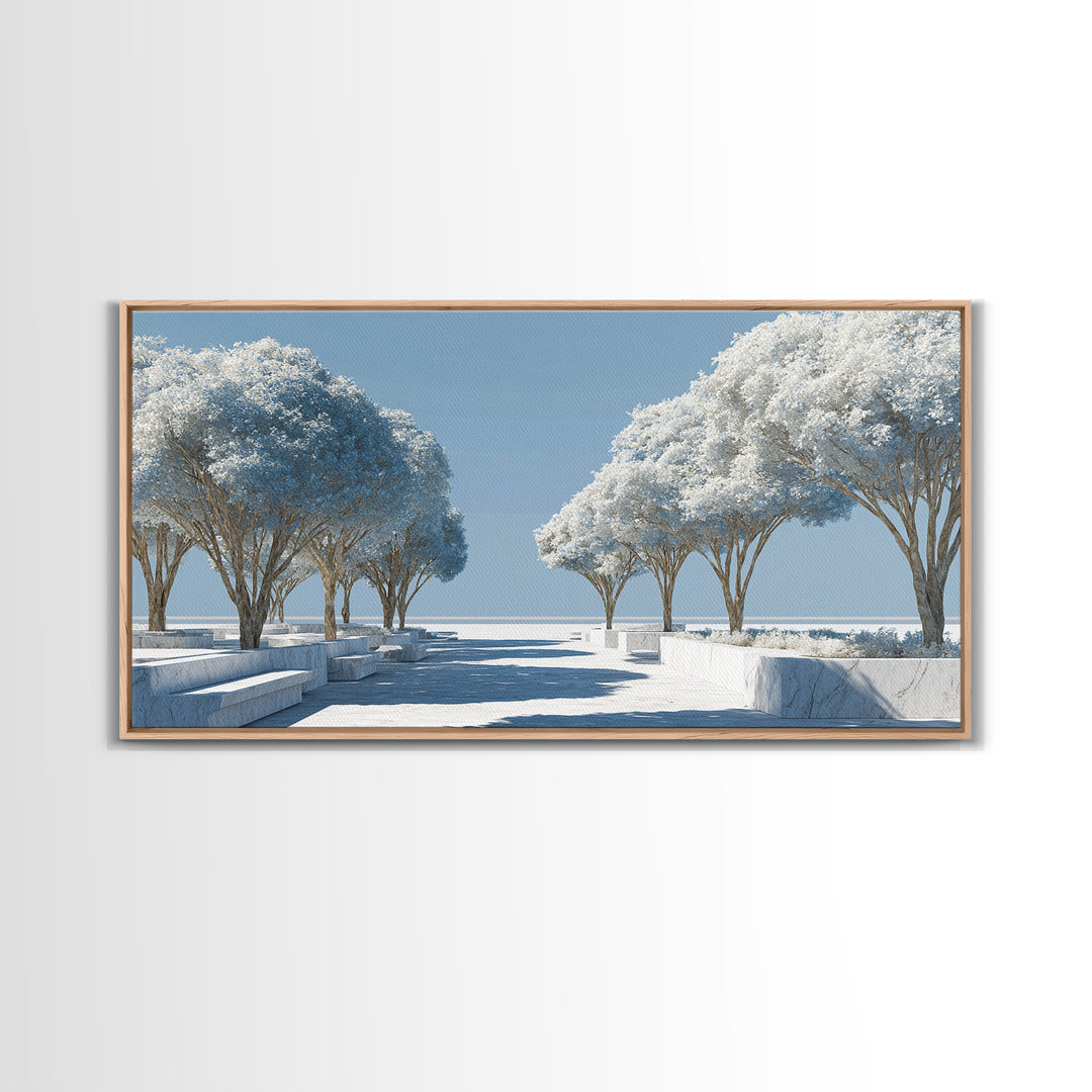 White Winter Tree Promenade Wall Art, Modern Coastal Landscape Print, Minimalist Blue Scenic Decor, Calm Living Room Poster