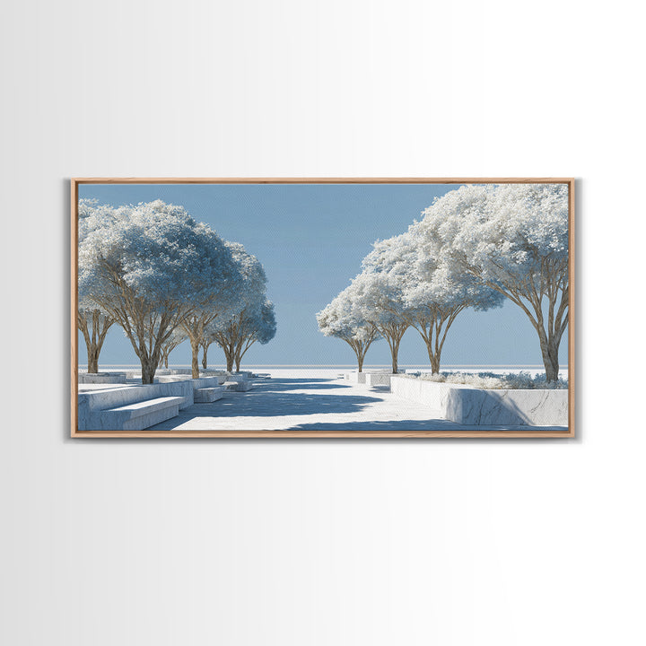White Winter Tree Promenade Wall Art, Modern Coastal Landscape Print, Minimalist Blue Scenic Decor, Calm Living Room Poster