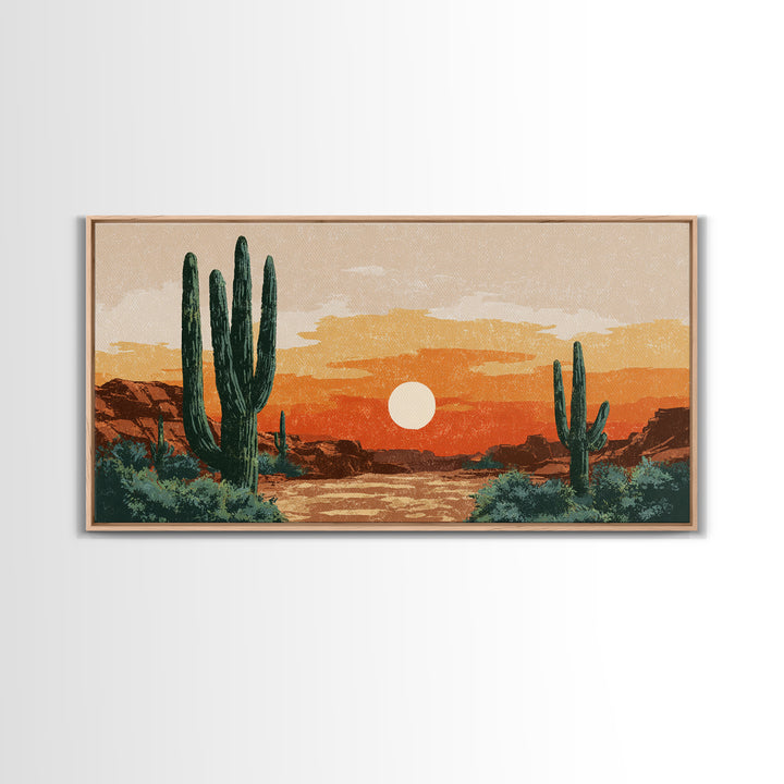 Saguaro Desert Sunset Canvas Print, Midcentury Wall Art, Retro Southwestern Decor, Orange Cactus Landscape Poster Gift For Home