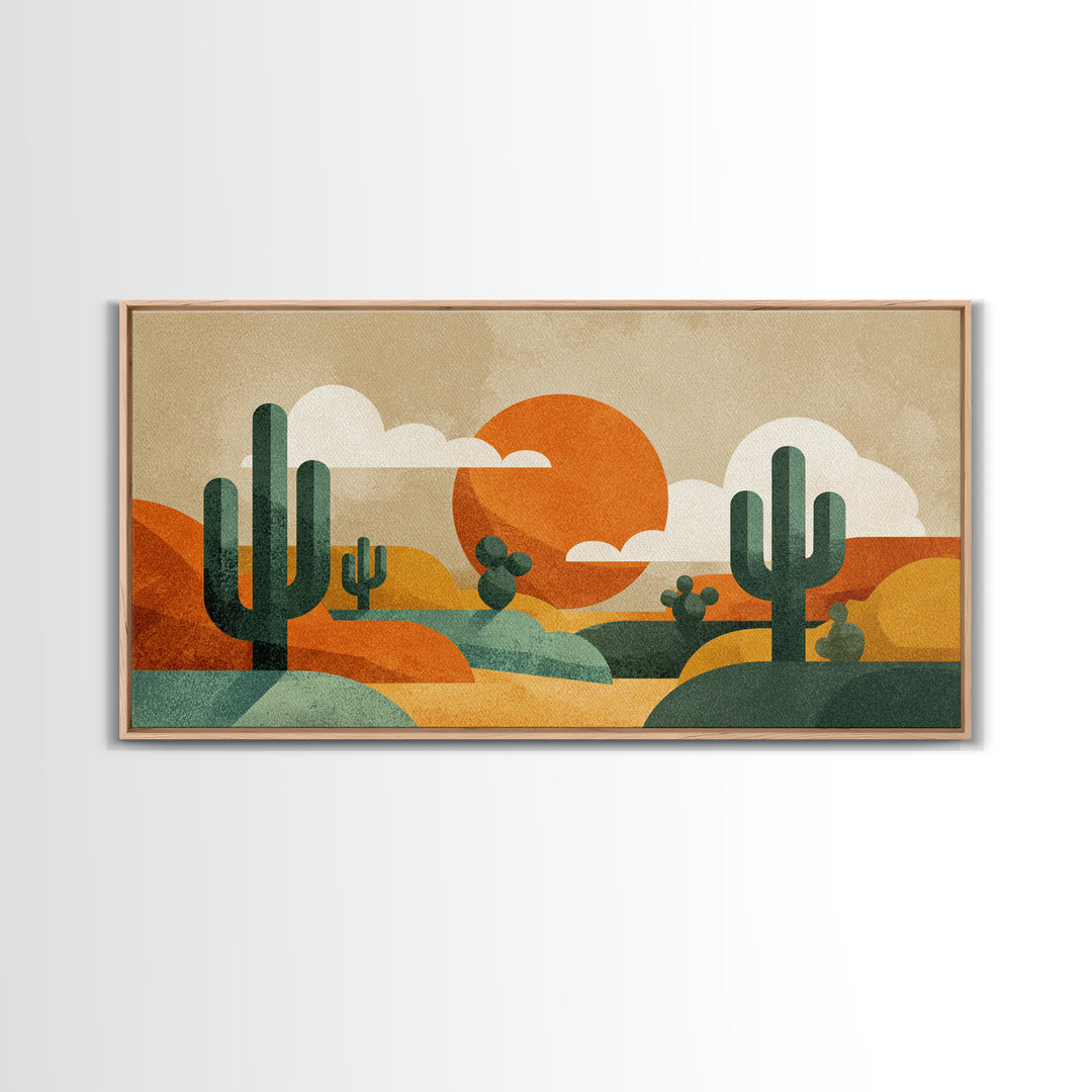 Abstract Cactus Desert Sun Wall Art, Midcentury Modern Print, Retro Orange Southwestern Decor, Geometric Landscape Poster