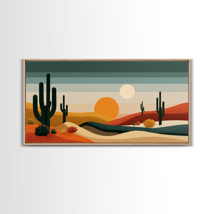 Modern Cactus Dunes Canvas Print, Midcentury Desert Wall Art, Southwestern Landscape Poster, Orange Sun Home Office Decor
