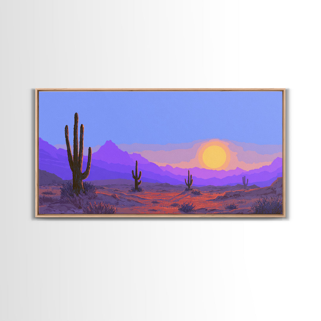 Purple Desert Mountains Canvas Print, Retro Cactus Sunset Wall Art, Midcentury Modern Landscape Poster, Colorful Home Decor