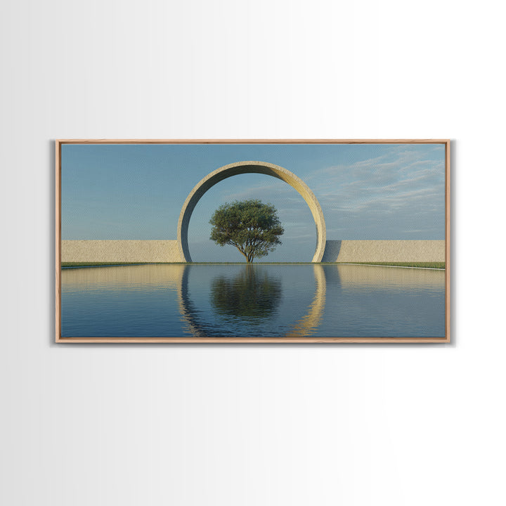 Circular Arch Tree Reflection Wall Art, Modern Landscape Print, Serene Water Decor, Minimalist Nature Art For Living Room