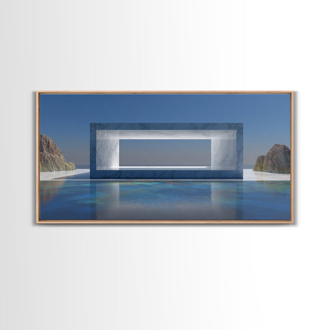 Marble Ocean Window Framed Canvas Print, Modern Architectural Wall Decor, Minimalist Coastal Art For Office And Living Room