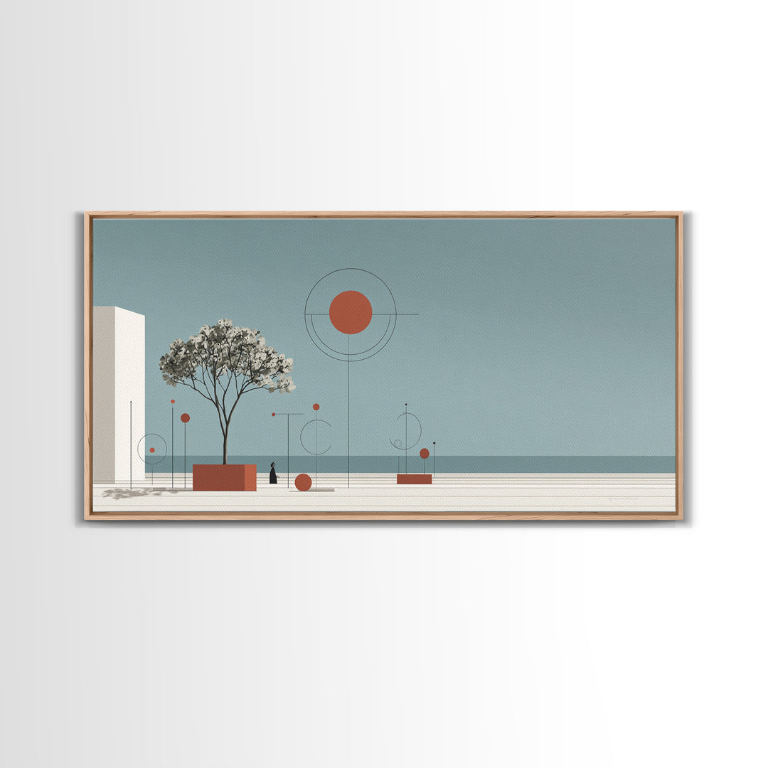 Minimal Tree With Orange Sun Canvas Print, Midcentury Modern Wall Decor, Geometric Abstract Art For Serene Calm Living Room