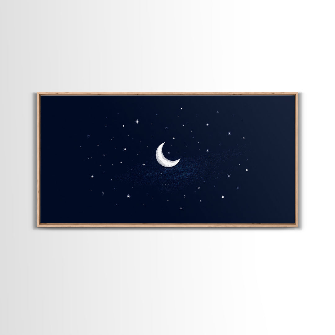 White Crescent Moon And Stars Wall Art, Dreamy Navy Celestial Night Sky Print, Minimalist Space Decor For Bedroom Or Nursery