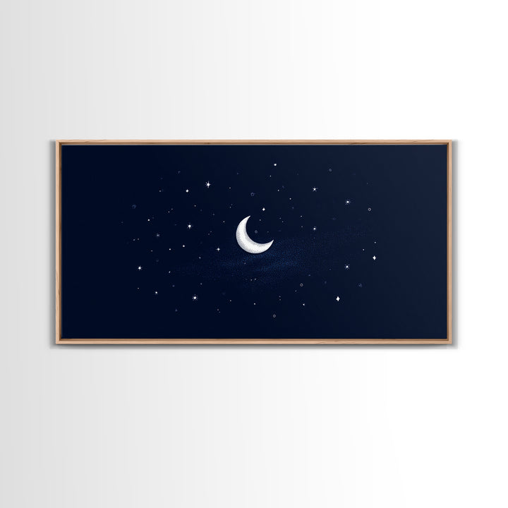 White Crescent Moon And Stars Wall Art, Dreamy Navy Celestial Night Sky Print, Minimalist Space Decor For Bedroom Or Nursery
