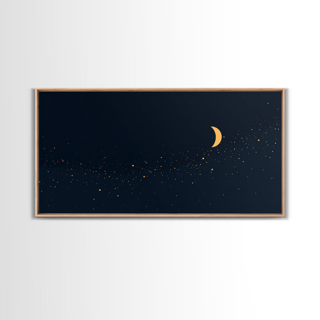 Golden Crescent Moon And Stars Wall Art, Mystical Dark Navy Celestial Print, Boho Night Sky Decor For Bedroom, Nursery, Gallery