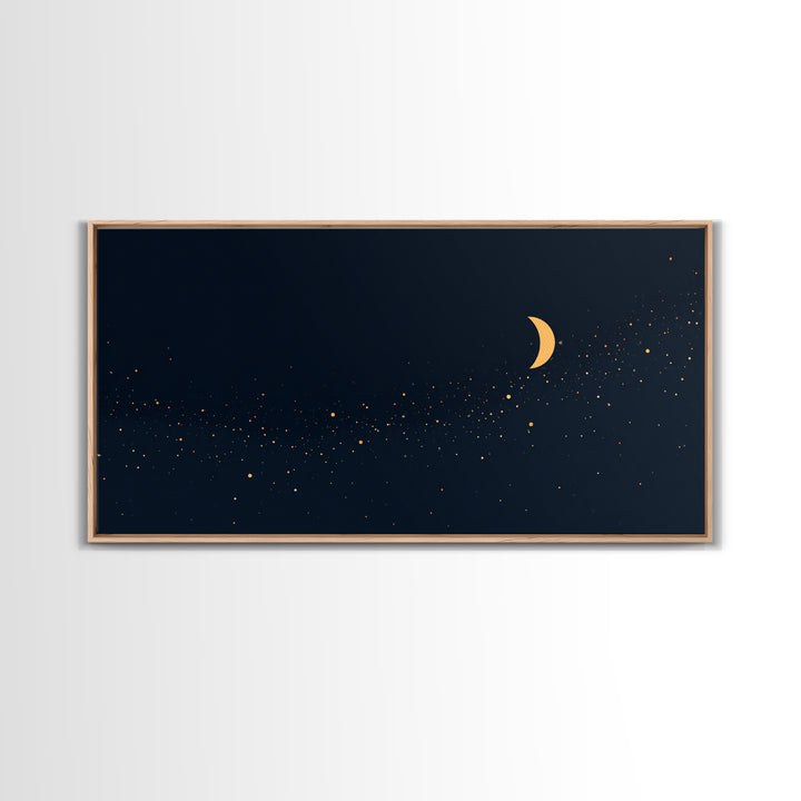 Golden Crescent Moon And Stars Wall Art, Mystical Dark Navy Celestial Print, Boho Night Sky Decor For Bedroom, Nursery, Gallery