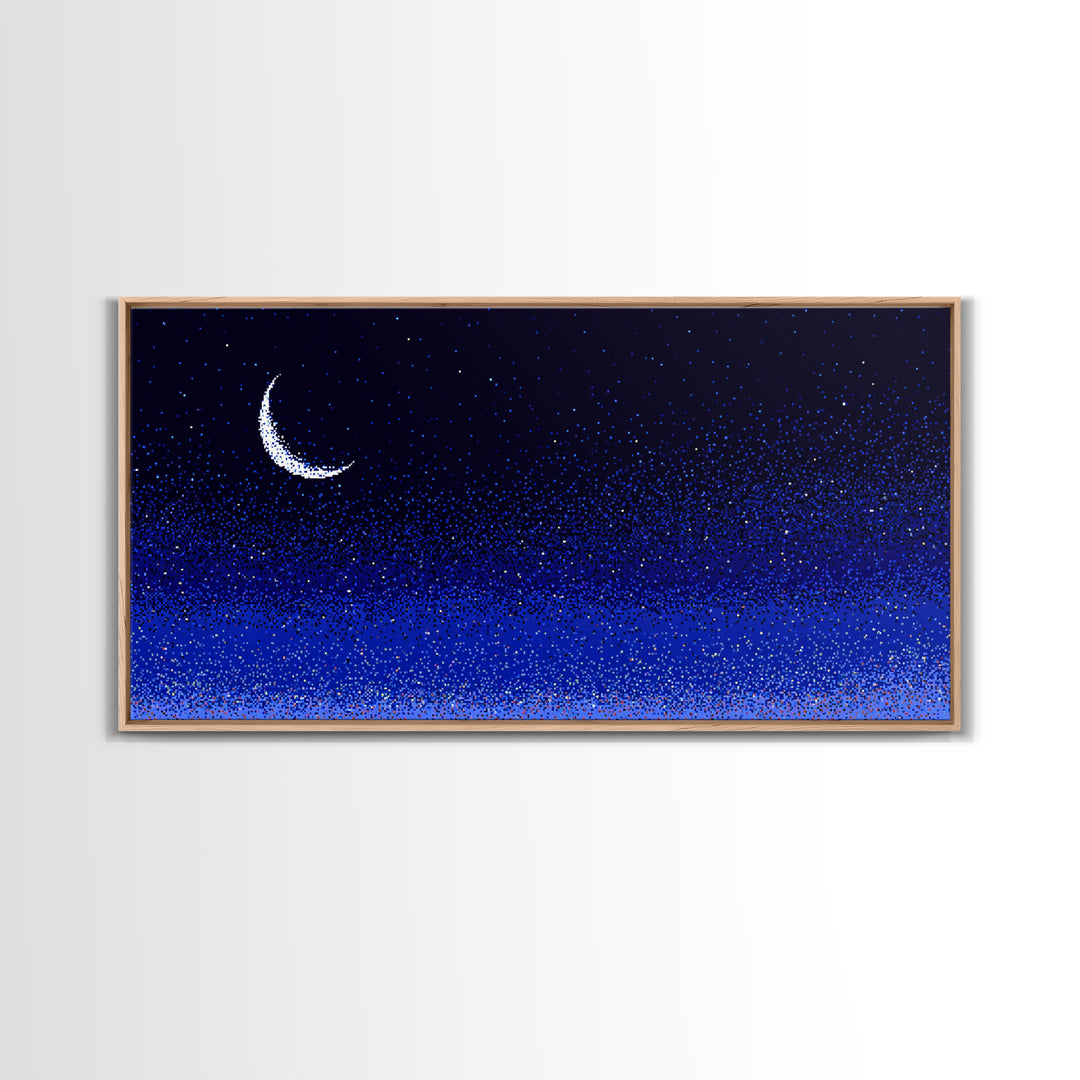 Blue Crescent Moon Star Field Wall Art, Cosmic Night Sky Print, Retro Pixel Space Decor For Bedroom, Dorm Room, Or Nursery