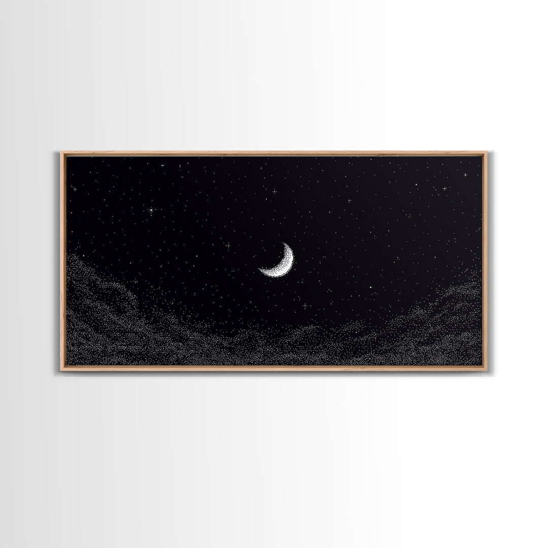 Black And White Crescent Moon Wall Art, Minimal Starry Night Sky Print, Celestial Space Decor For Bedroom Or Meditation Room
