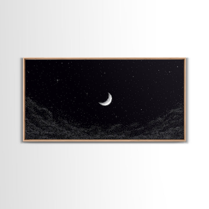 Black And White Crescent Moon Wall Art, Minimal Starry Night Sky Print, Celestial Space Decor For Bedroom Or Meditation Room
