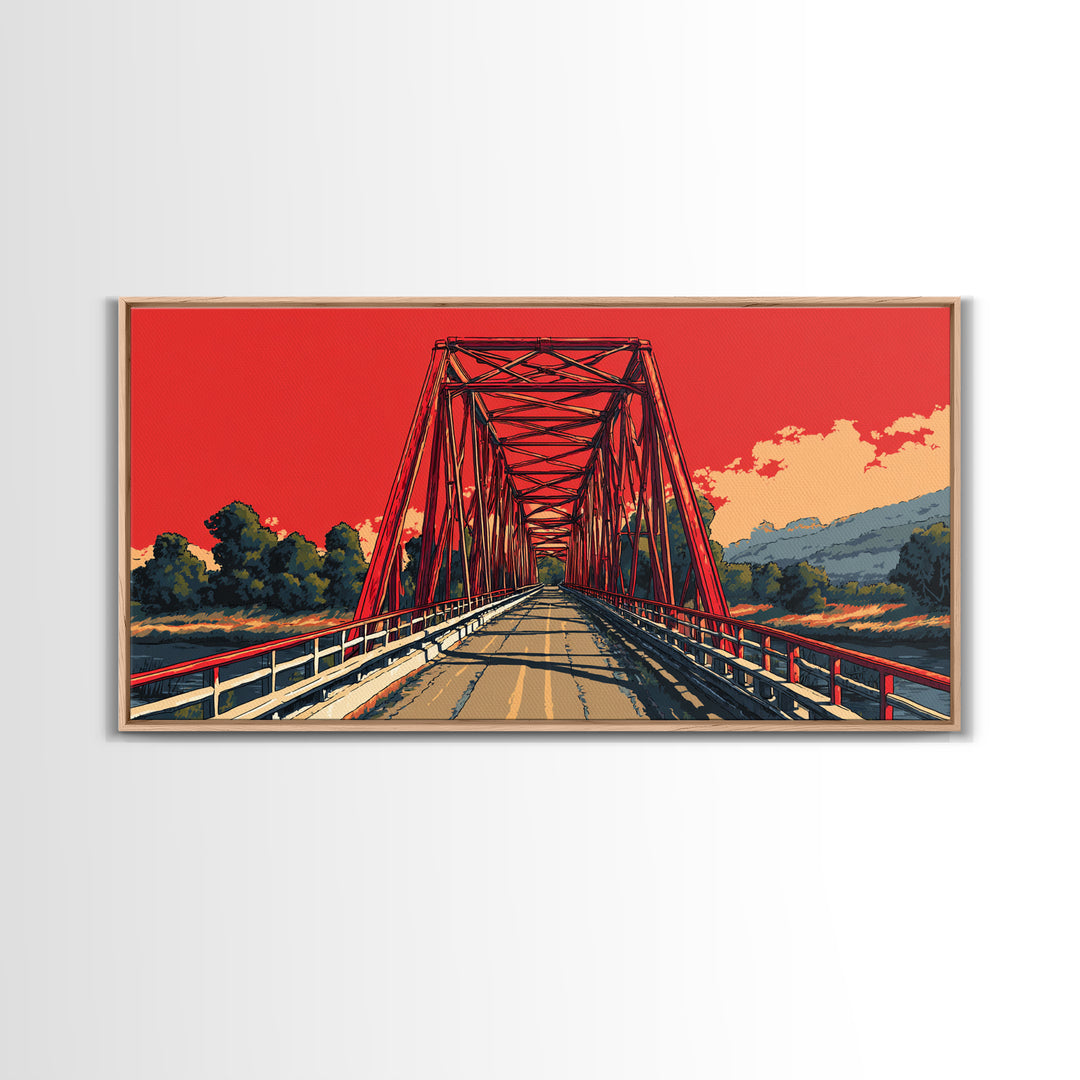 Red Steel Bridge At Sunset Wall Art, Retro Travel Poster Print, Bold Landscape Decor, Scenic Road Art For Office Or Man Cave