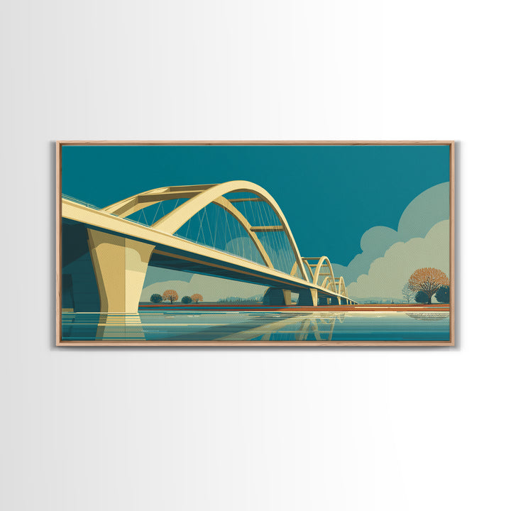 Modern Arched Bridge Reflection Canvas Print, Midcentury Landscape Wall Art, Architectural Calm Water Decor For Living Room