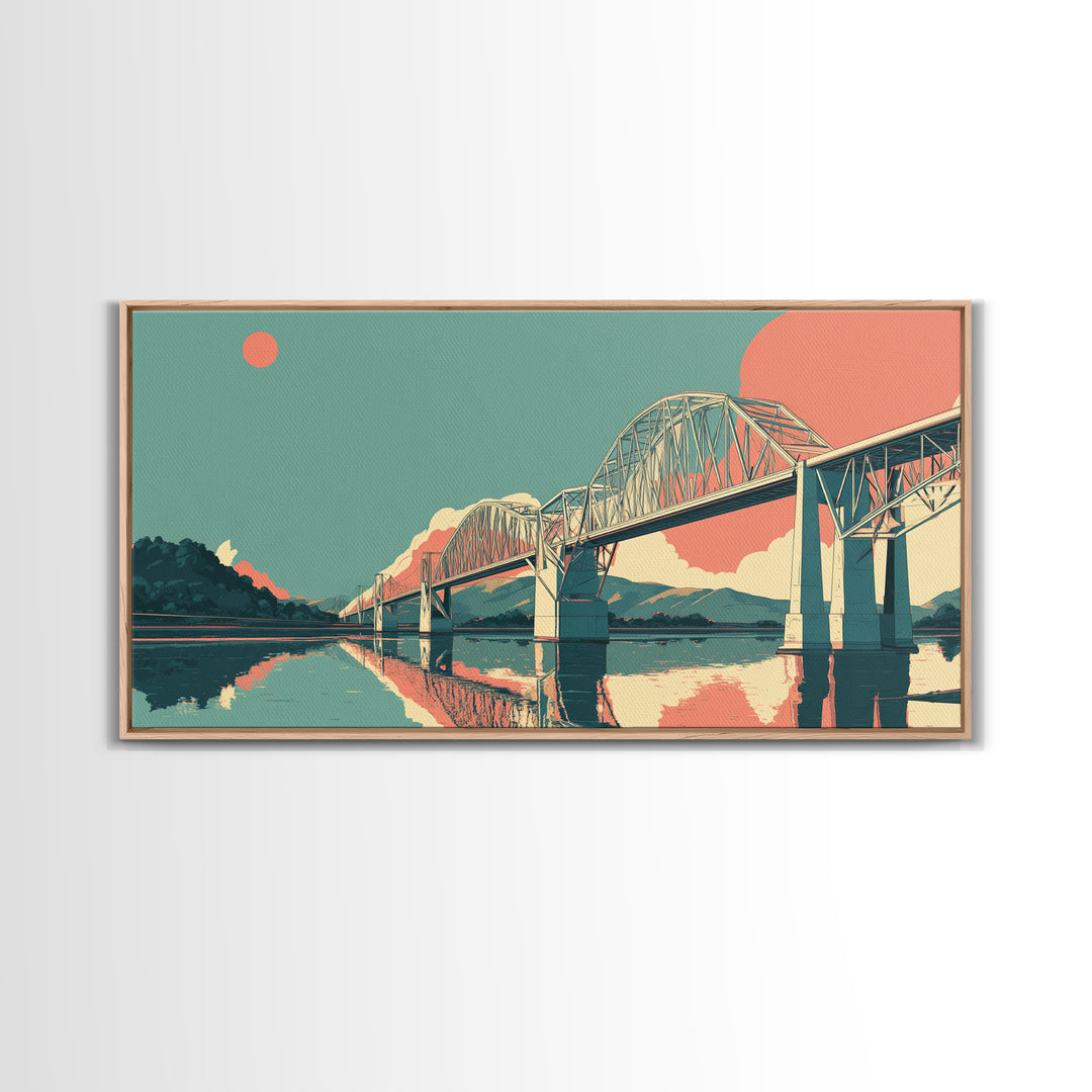 Retro Steel Bridge Sunset Wall Art, Midcentury Modern Landscape Print, Teal Orange Travel Poster, Living Room Home Office Decor