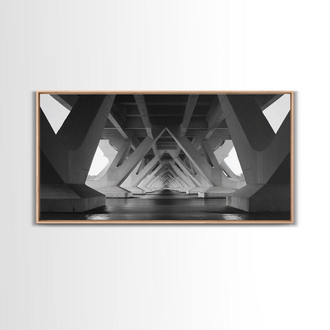 Black And White Bridge Underside Canvas Print, Architectural Art, Geometric Perspective, Modern Wall Decor For Office Study