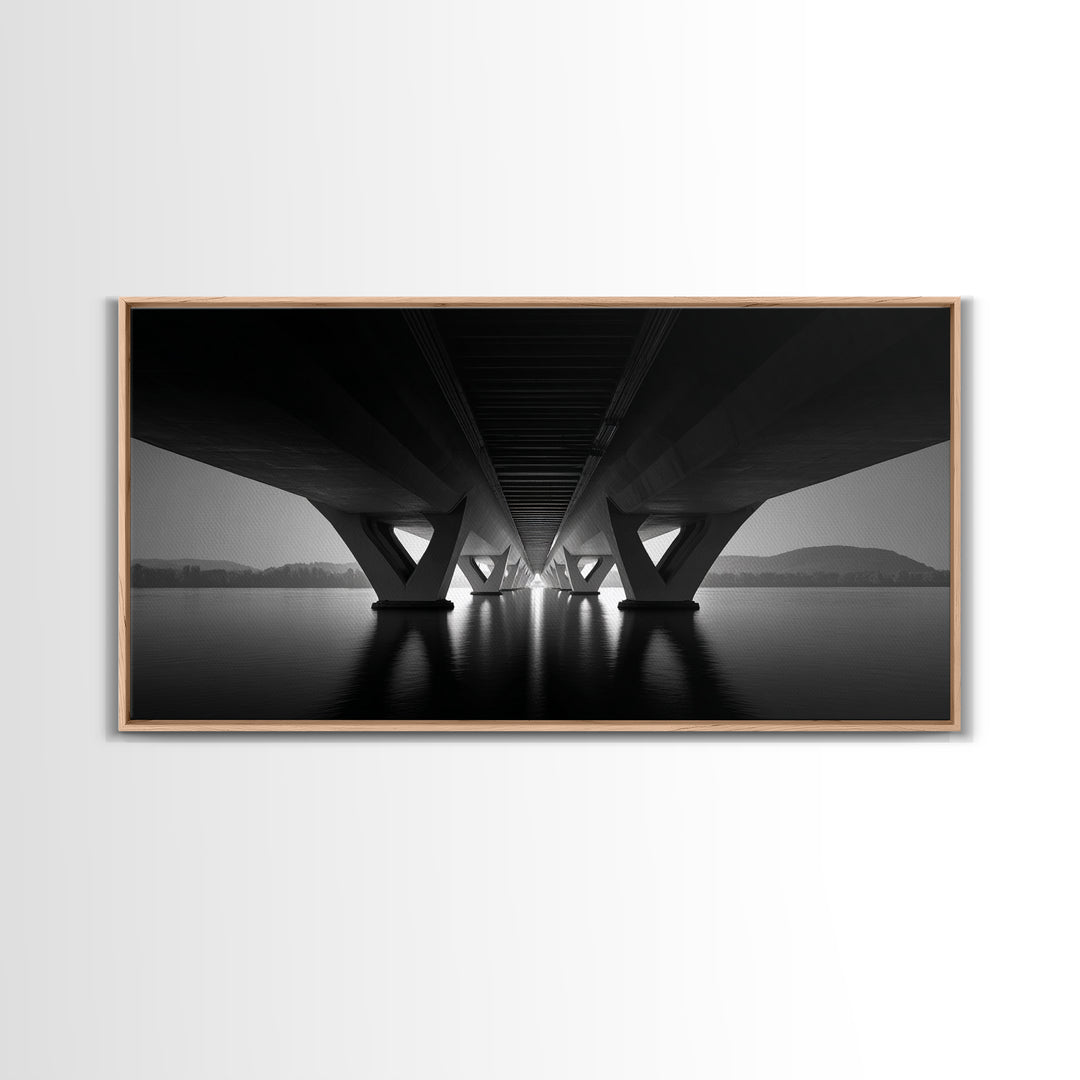 Moody Bridge Underpass Wall Art, Black And White Architectural Photography Print, Geometric Lines, Masculine Office Decor