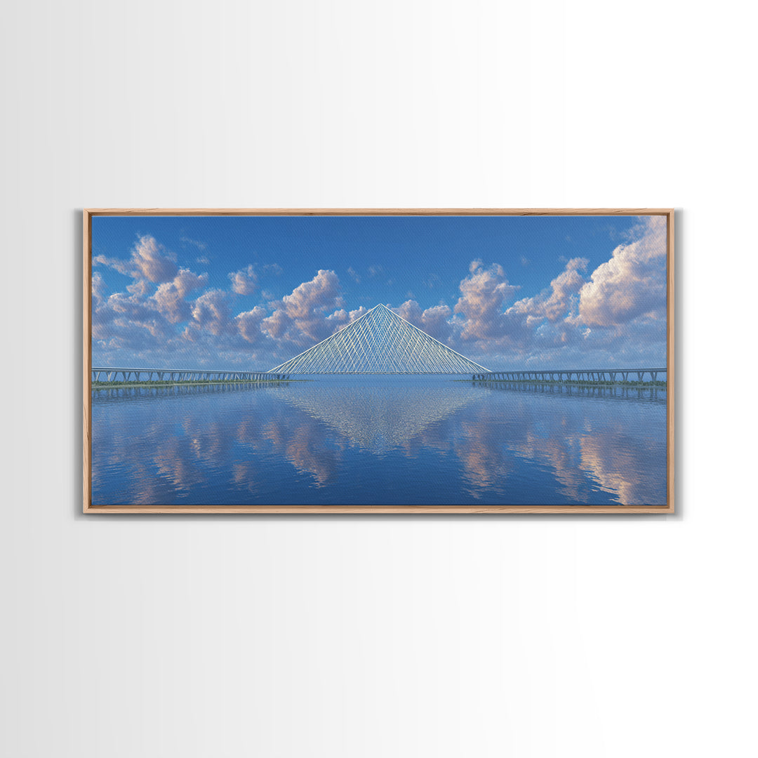 Blue Cable Bridge Reflection Wall Art, Serene Modern Landscape Print, Coastal Water Travel Poster, Living Room Office Decor