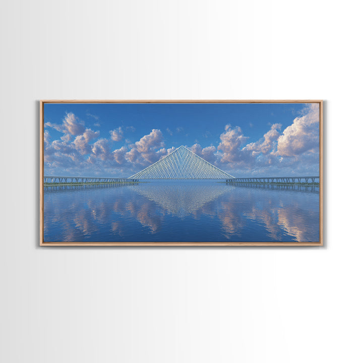 Blue Cable Bridge Reflection Wall Art, Serene Modern Landscape Print, Coastal Water Travel Poster, Living Room Office Decor