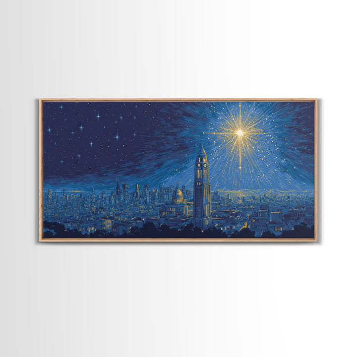 Blue City Skyline Starburst Canvas Print, Midcentury Modern Night Art, Celestial Urban Poster, Home Office Wall Decor Gift