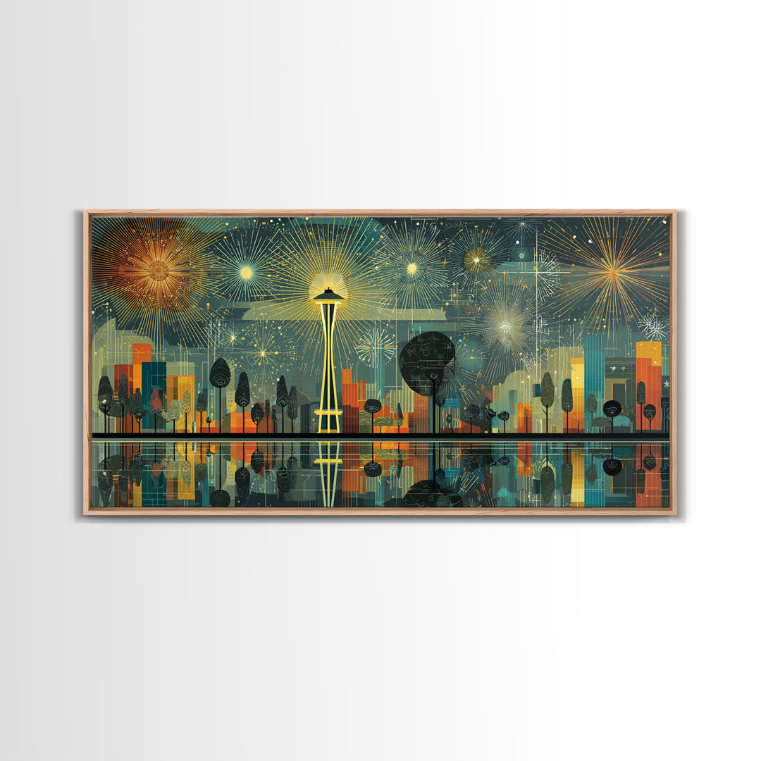 Seattle Space Needle Fireworks Wall Art, Midcentury Modern Cityscape Print, Retro Skyline Poster, Living Room Office Decor