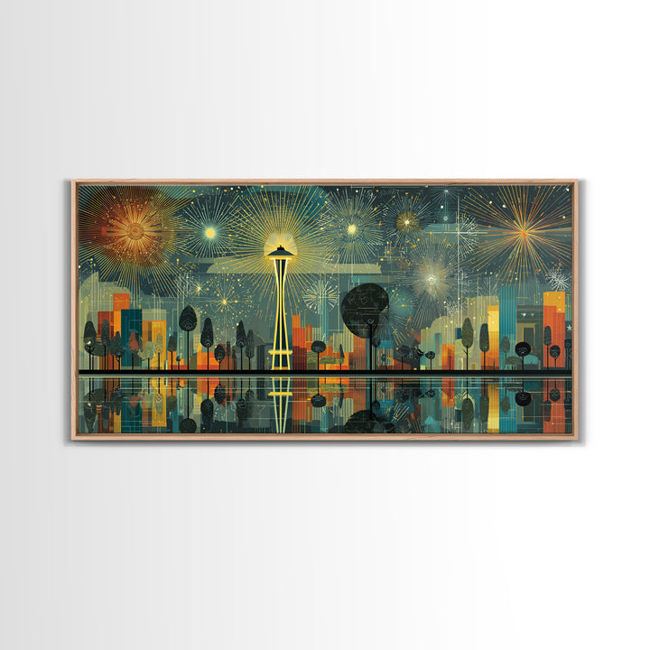 Seattle Space Needle Fireworks Wall Art, Midcentury Modern Cityscape Print, Retro Skyline Poster, Living Room Office Decor