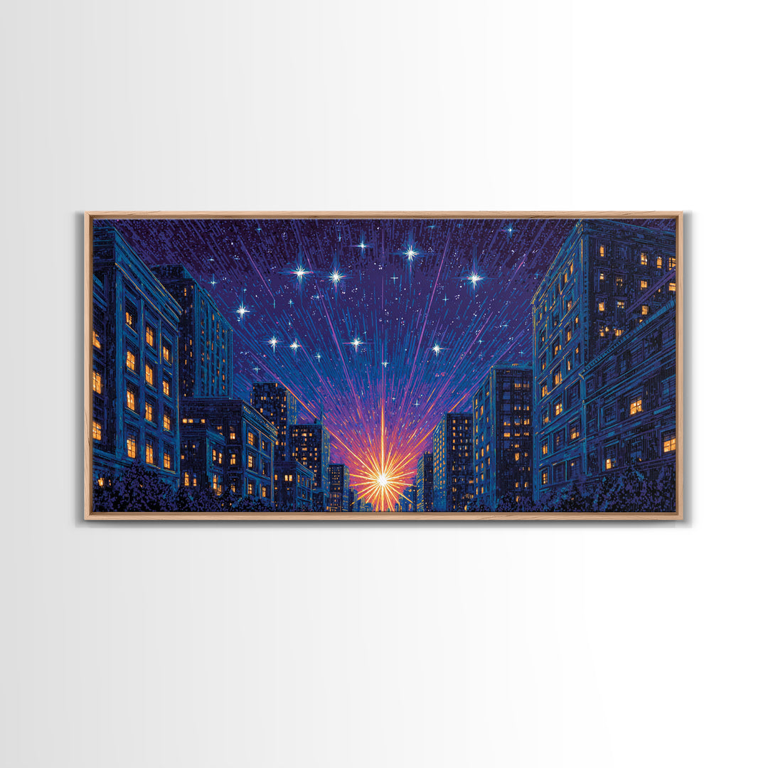 Urban Starburst City Street Wall Art, Modern Night Skyline Print, Blue Orange Retro Poster, Apartment And Office Decor Gift
