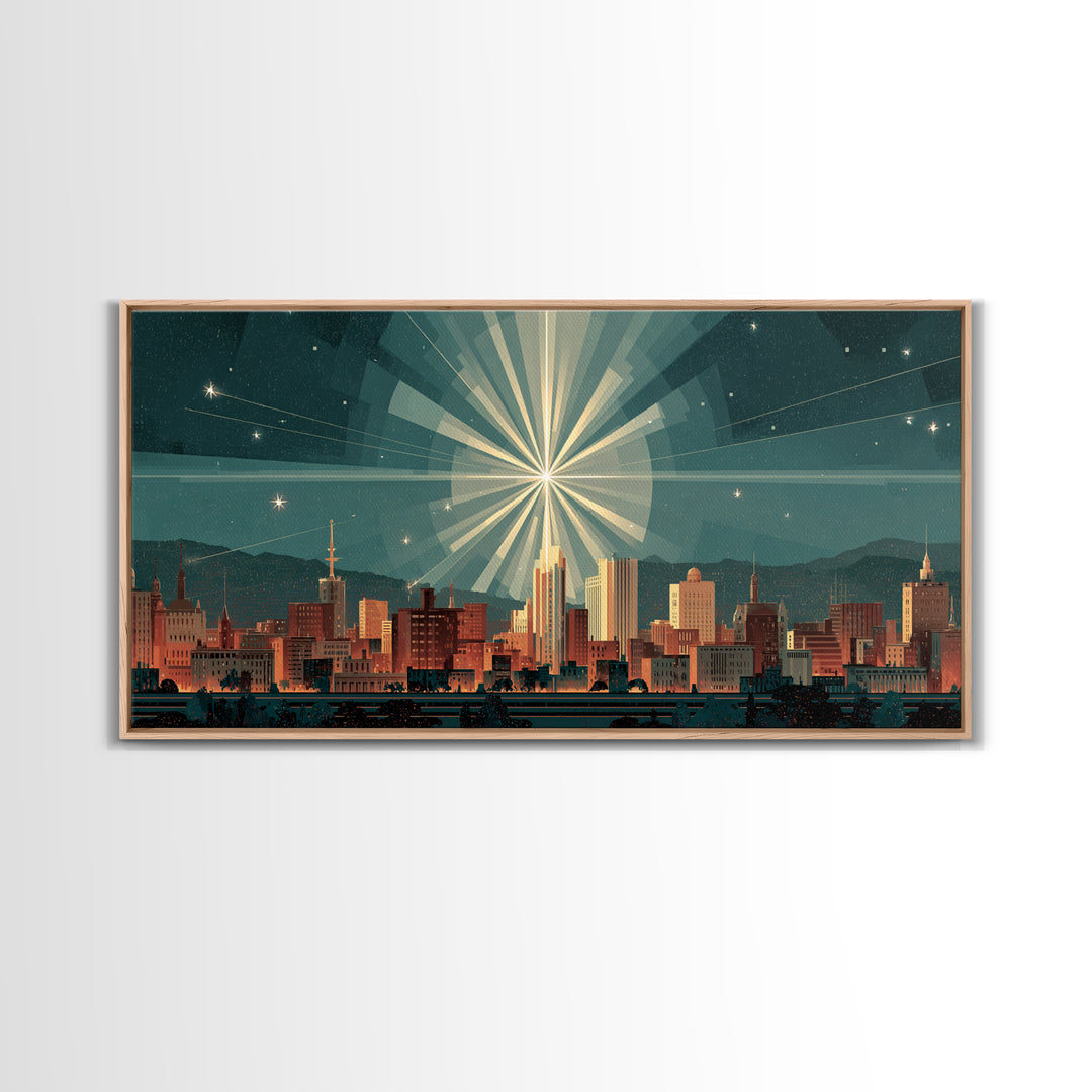 Art Deco City Skyline Wall Art, Geometric Sunburst Night Print, Midcentury Modern Poster, Teal Neutral Living Room Office Decor