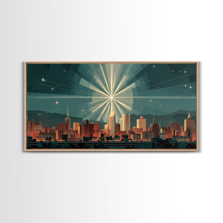 Art Deco City Skyline Wall Art, Geometric Sunburst Night Print, Midcentury Modern Poster, Teal Neutral Living Room Office Decor