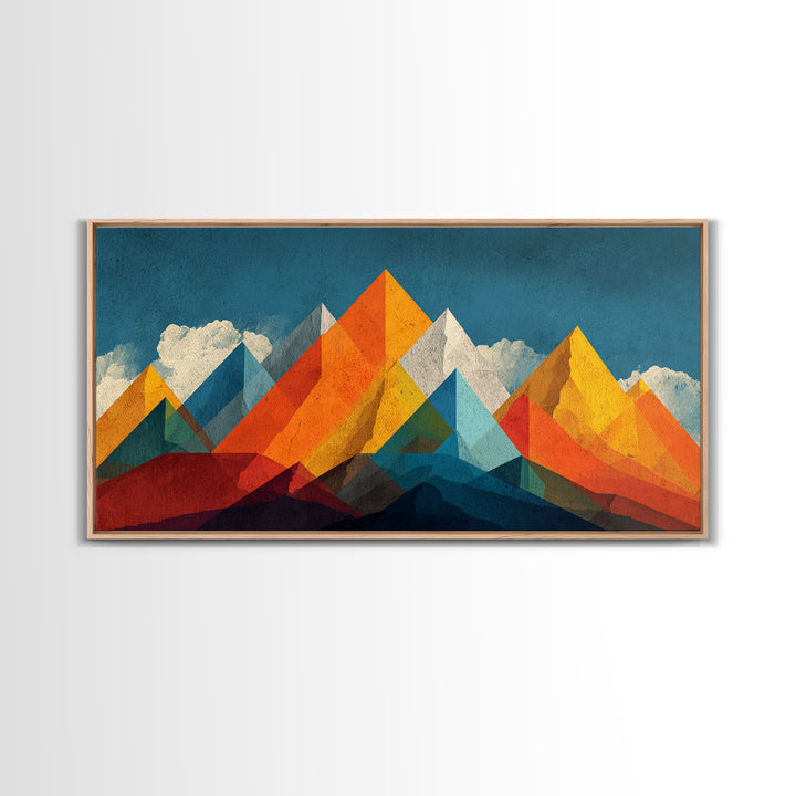Orange Blue Geometric Mountain Wall Art, Abstract Desert Landscape Print, Midcentury Modern Poster, Bold Home Office Decor