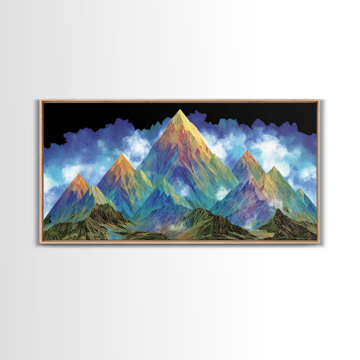 Vibrant Rainbow Mountain Wall Art, Colorful Abstract Landscape Print, Modern Psychedelic Poster, Large MCM Living Room Decor