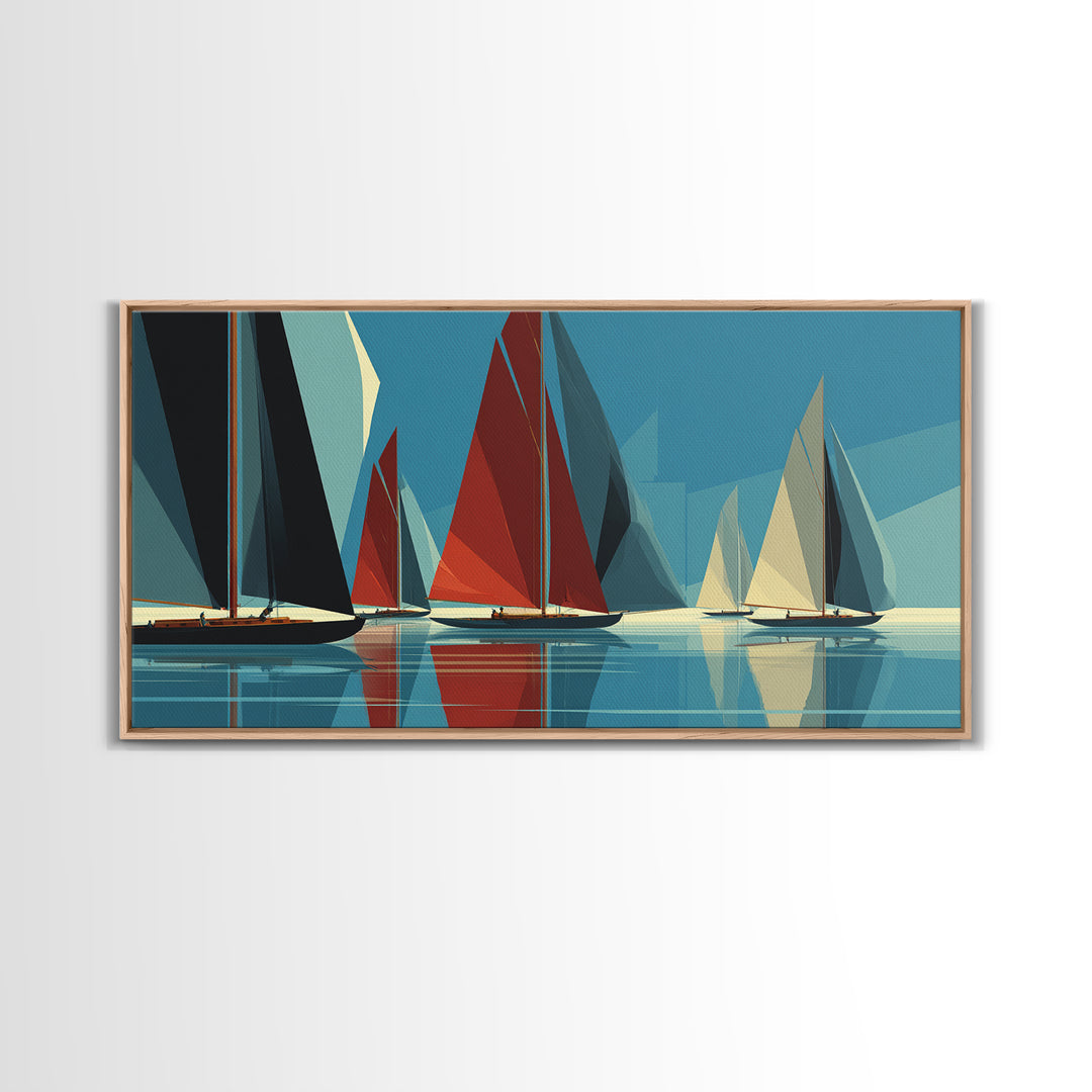 Abstract Sailboat Regatta Canvas Print, Midcentury Modern Nautical Wall Art, Blue Red Coastal Poster, Beach House Home Decor