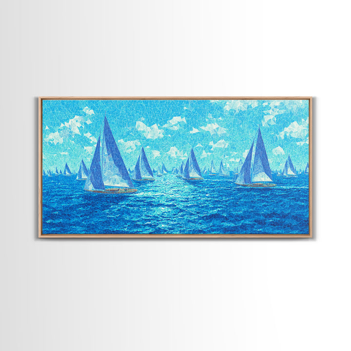Bright Blue Sailboats Wall Art, Ocean Regatta Canvas Print, Coastal Modern Nautical Poster, Beach House Living Room Decor