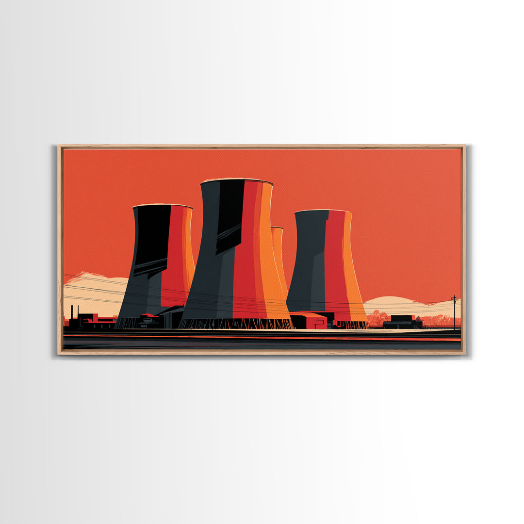 Orange Industrial Cooling Towers Wall Art, Retro Modern Power Plant Poster, Bold MCM Architecture Print, Office Wall Decor