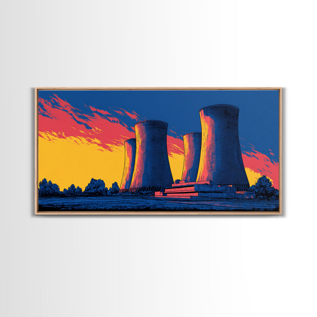 Pop Art Cooling Towers Canvas Print, Neon Sunset Industrial Landscape, Retro Modern Wall Art, Bold MCM Man Cave Office Decor