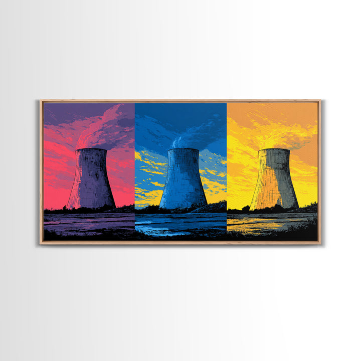 Triptych Cooling Tower Wall Art, Three Panel Pop Art Industrial Poster, Colorful Retro Canvas Print, Bold Modern Office Decor