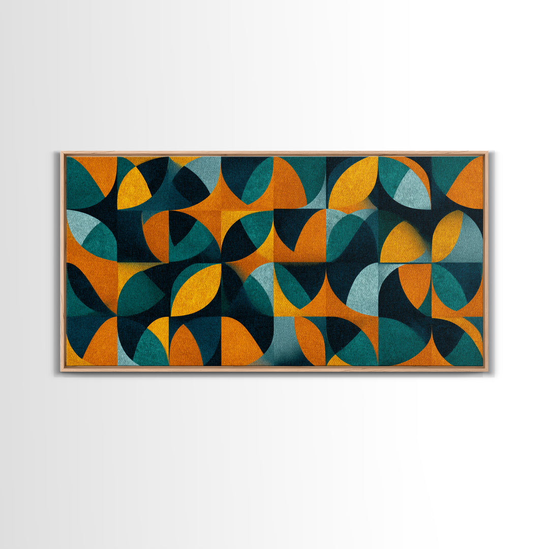 Teal And Ochre Petal Geometry With Circles Framed Canvas Print, Midcentury Modern Wall Art, Atomic Retro Pattern Decor Poster