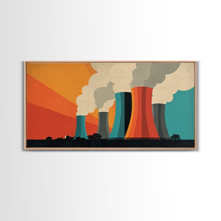 Retro Smokestack Power Plant Canvas Print, Midcentury Modern Industrial Wall Art, Orange Teal Factory Poster, Bold Decor