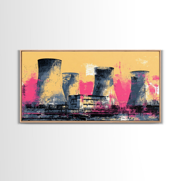 Pink Nuclear Power Plant Canvas Print, Industrial Landscape Wall Decor, Retro Modern Art Print, Bold Statement Artwork For Home Decor