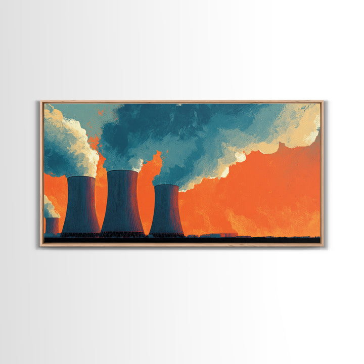 Orange Nuclear Cooling Towers Framed Canvas Print, Industrial Skyline Wall Art, Retro Modern Decor, Bold Landscape Poster