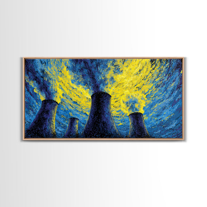 Blue Yellow Cooling Towers Canvas Print, Industrial Night Sky Wall Art, Modern Abstract Decor, Retro Sci Fi Poster Print
