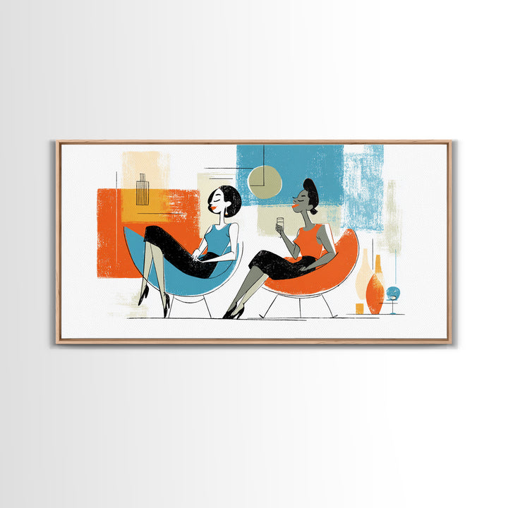 Midcentury Women Lounge Wall Art, Cocktail Chair Illustration, Retro Modern Decor, Colorful MCM Living Room Poster Art Print