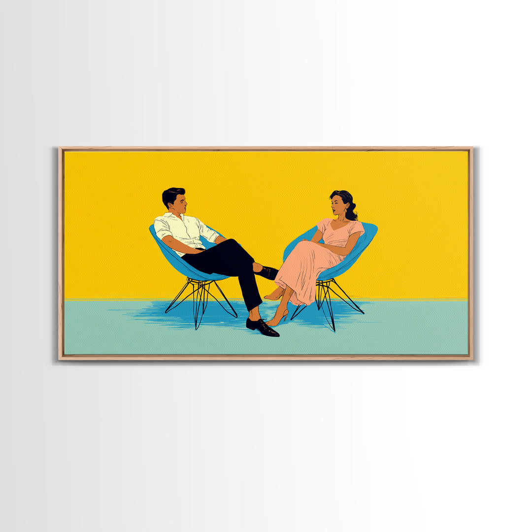 Midcentury Couple In Blue Chairs Canvas Print, Retro Modern Wall Art, MCM Lounge Decor, Colorful Living Room Poster Art Print