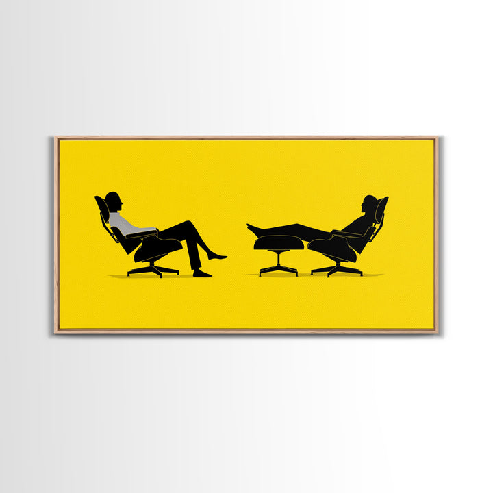 Yellow Midcentury Lounge Chairs Canvas Print, Minimal Couple Silhouette Wall Art, Retro Modern MCM Living Room Decor Poster