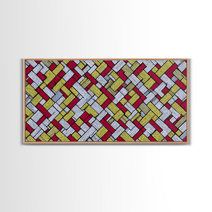 Red Yellow Herringbone Brick Pattern Canvas Print, Retro Geometric Wall Art, Mid Century Modern Decor For Kitchen Office