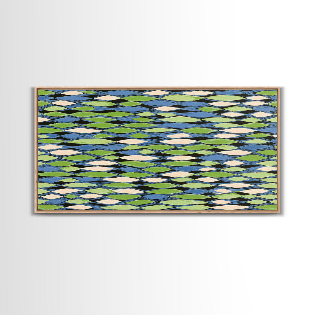 Blue Green Cream Diamond Lattice Wall Art, Scandinavian Modern Geometric Print, Mid Century Decor For Living Room Office