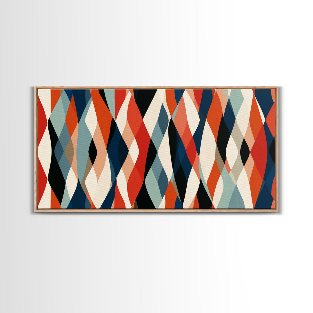 Red Teal Cream Wavy Diamond Pattern Framed Canvas Print, Retro Modern Abstract Wall Art, Mid Century Decor For Living Room