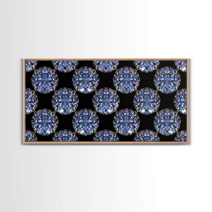 Blue Diamond Gemstone Circle Pattern Framed Canvas Print, Glam Modern Wall Art, Geometric Decor For Bedroom Vanity Office