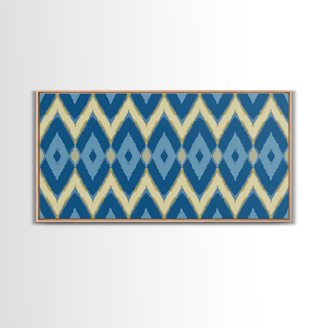 Blue Gold Ikat Chevron Diamond Wall Art, Scandinavian Modern Geometric Print, Mid Century Decor For Bedroom Living Room Home