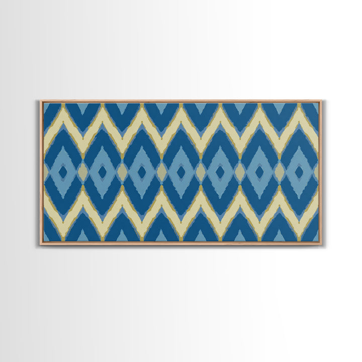 Blue Gold Ikat Chevron Diamond Wall Art, Scandinavian Modern Geometric Print, Mid Century Decor For Bedroom Living Room Home